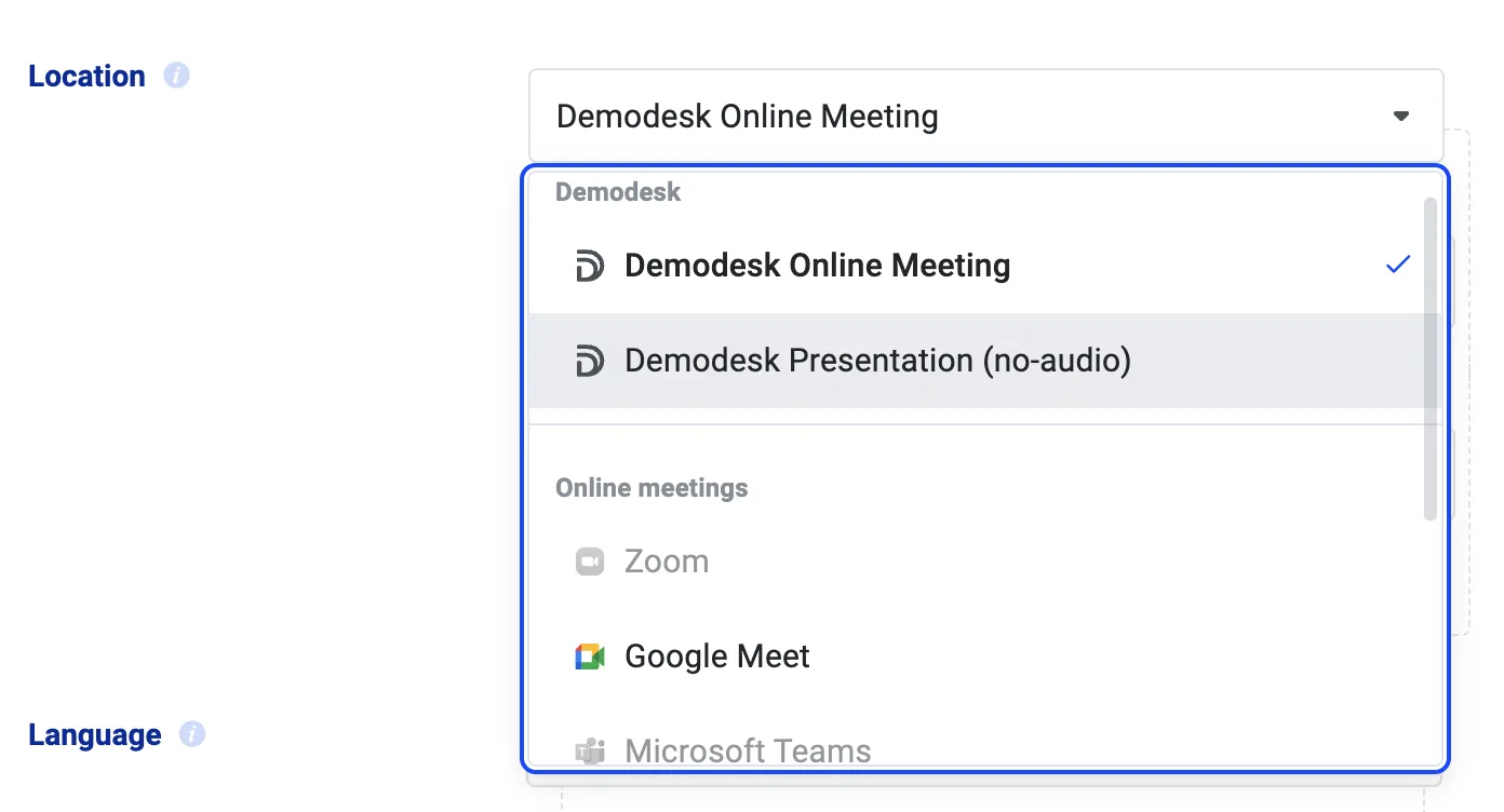 Meeting type Location dropdown open, switching from Demodesk Online Meeting to another tool
