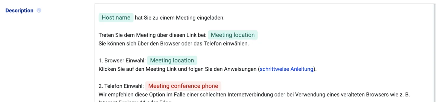 Meeting description field with the Meeting conference phone token highlighted in red as invalid