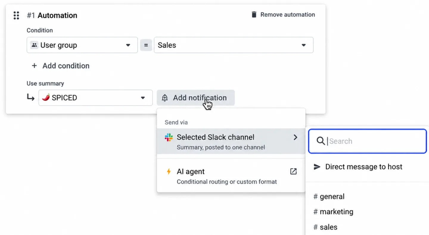 Automation rule with Add notification open, choosing between a selected Slack channel and an AI agent