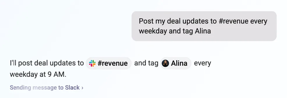Chat request to post deal updates to #revenue and tag a teammate, with Demodesk confirming it will send the message to Slack
