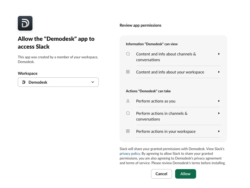 Slack authorization screen asking to allow the Demodesk app access to the workspace