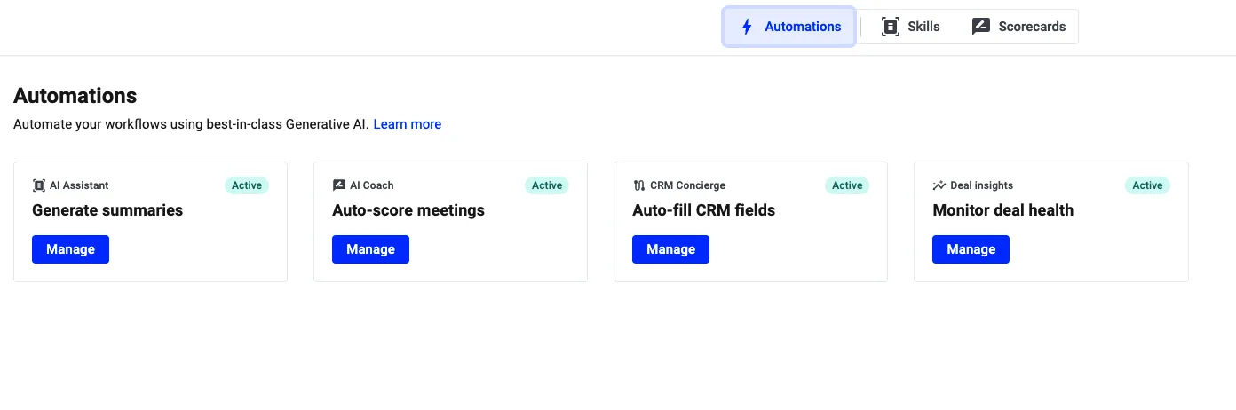 Automations tab listing AI Assistant, AI Coach, CRM Concierge, and Deal insights automations, all active