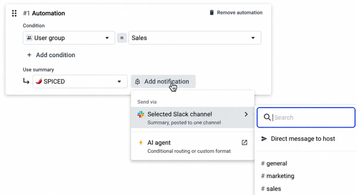 Automation rule with Add notification open, choosing a Slack channel to post the summary to