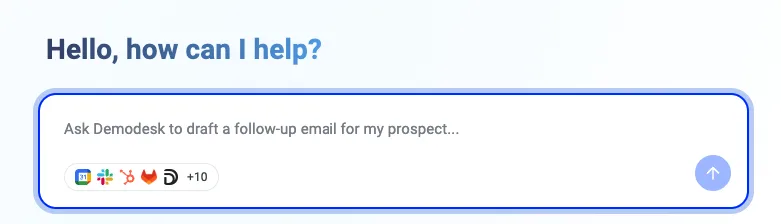 Demodesk AI chat input with connected app icons including Slack for building a custom agent
