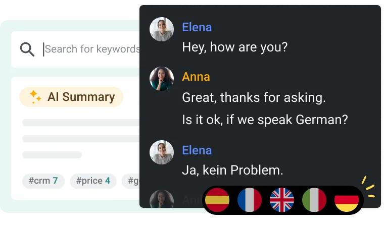 Meeting chat with an AI summary panel and a flag-based language picker for translation