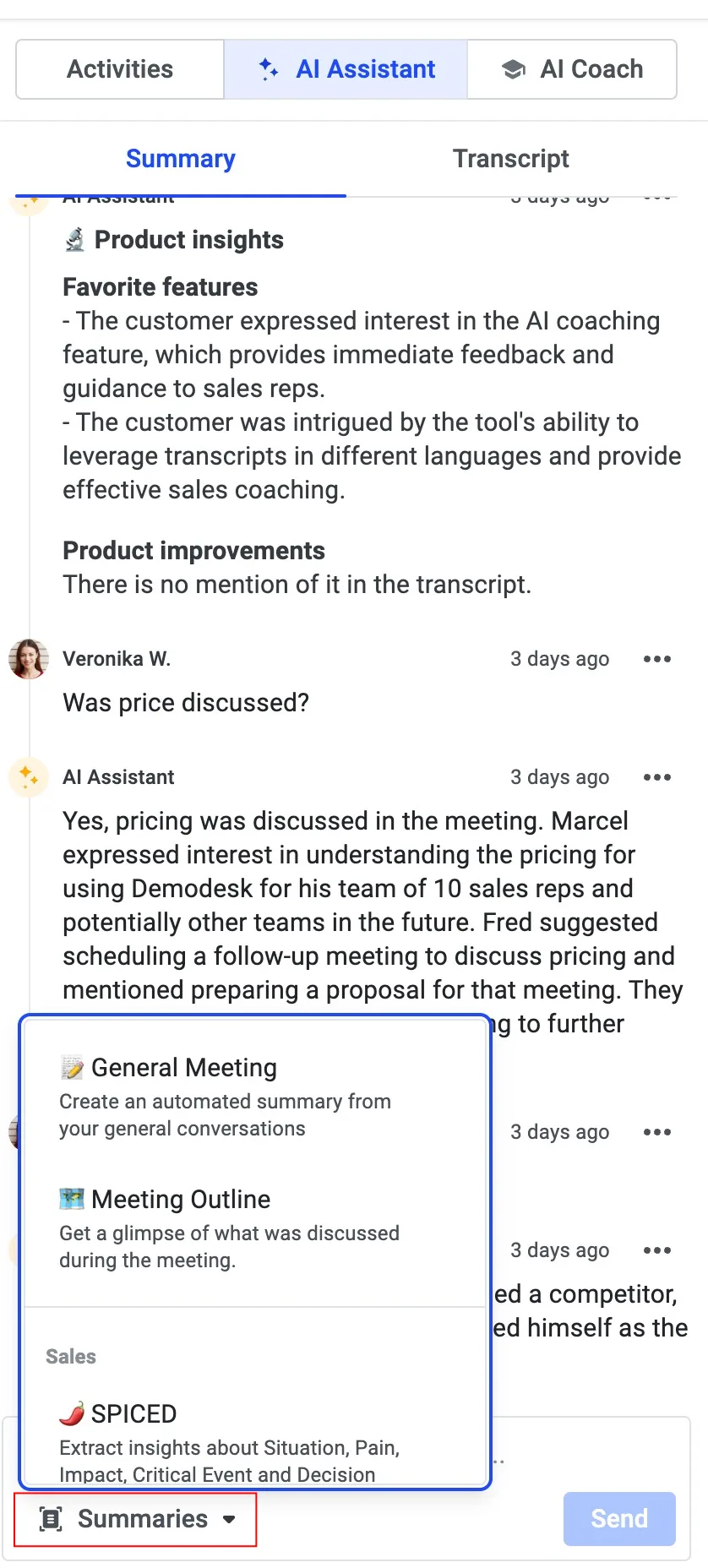AI Assistant summary panel with a persona dropdown open showing General Meeting, Meeting Outline, and SPICED