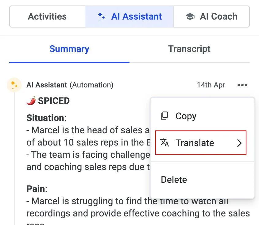 Recording context menu with Copy, Translate, and Delete options, Translate highlighted