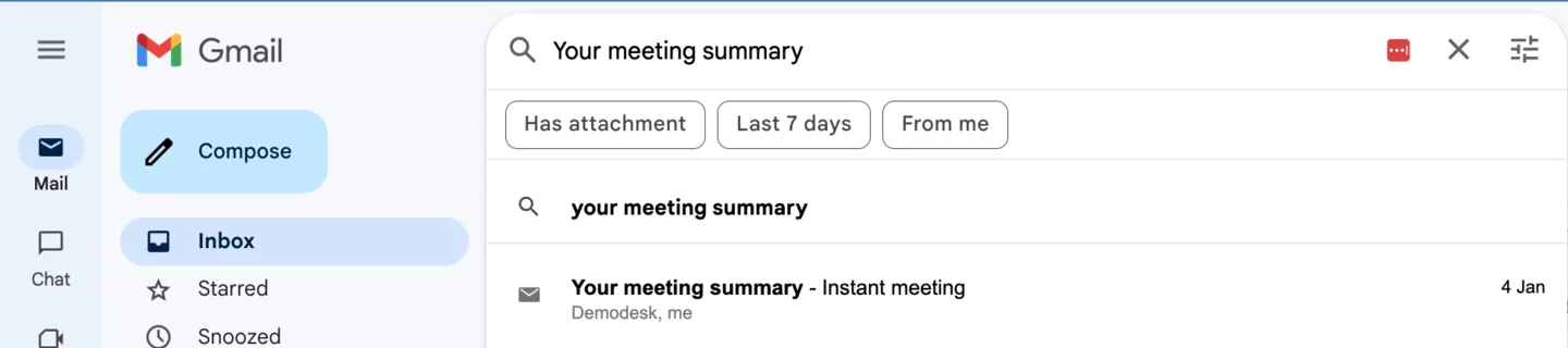 Gmail inbox search for Your meeting summary showing the automated recap email