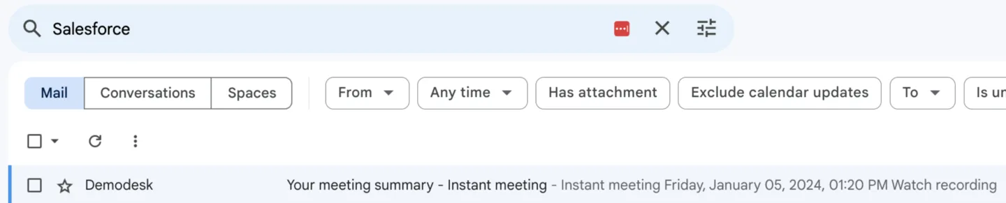 Gmail search for Salesforce surfacing a meeting summary email that mentions the customer