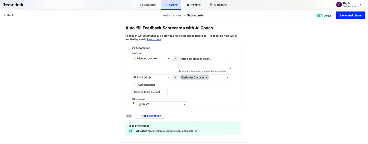 Auto-fill Feedback Scorecards automation page with a rule matching deal stage and user group to the BANT scorecard