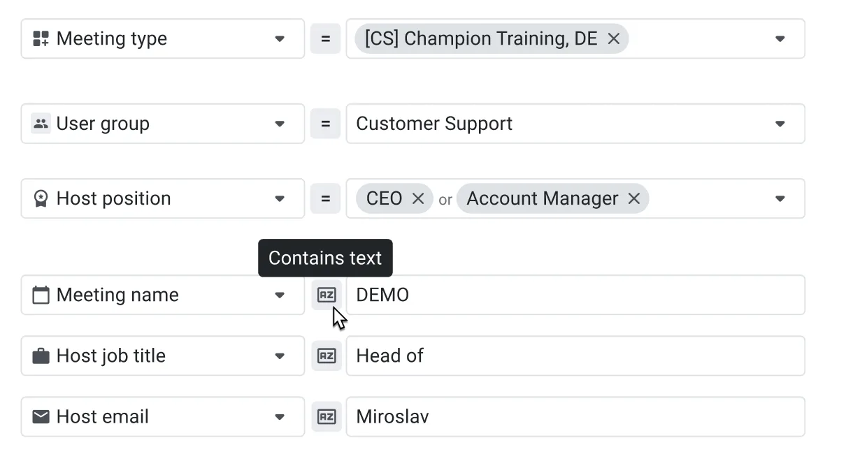 Automation condition builder with meeting type, user group, host position, and text-match fields