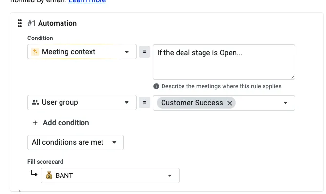 Automation condition matching AI meeting context to deal stage, with a scorecard set to BANT