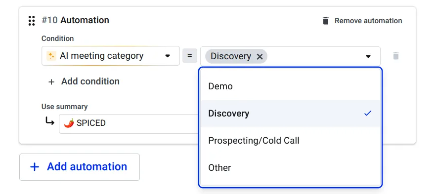 Automation condition set to AI meeting category Discovery, using the SPICED summary, category dropdown open
