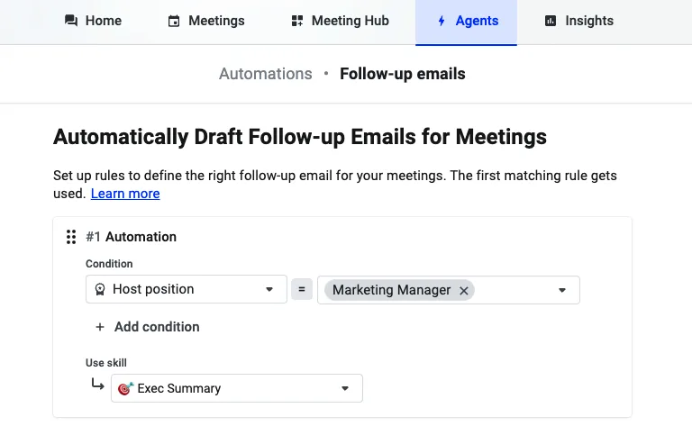 Follow-up email automation rule matching host position Marketing Manager to the Exec Summary skill