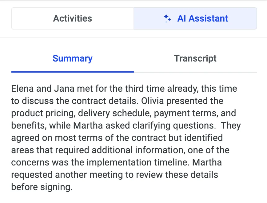AI Assistant Summary tab showing an AI-generated recap of a contract discussion meeting