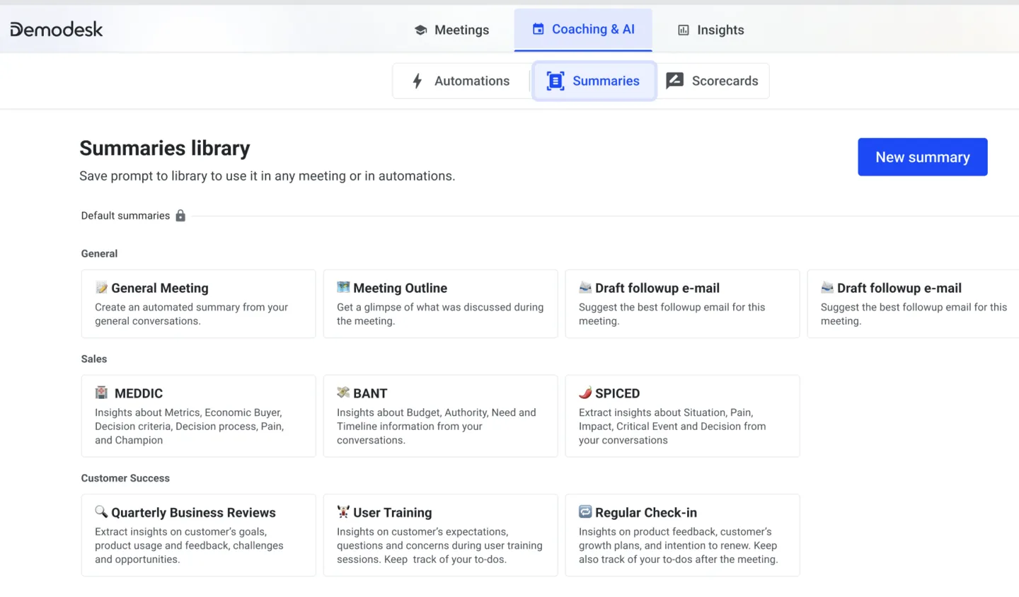 Summaries library listing default summaries such as MEDDIC, BANT, SPICED, and Quarterly Business Reviews