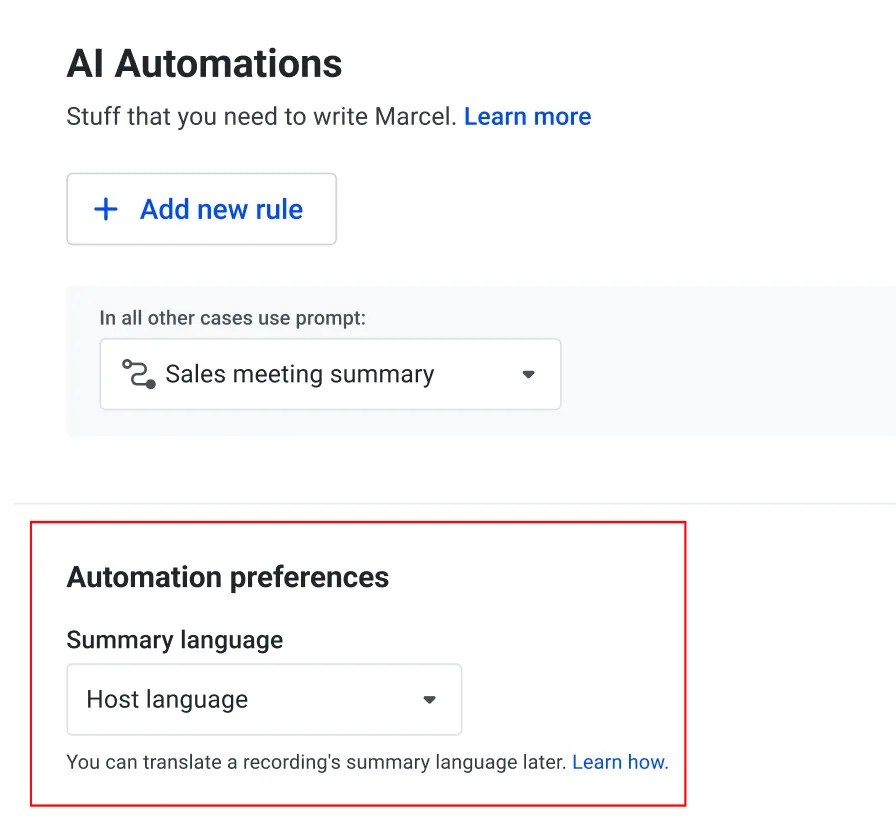 AI Automations page with the Summary language preference set to Host language, highlighted