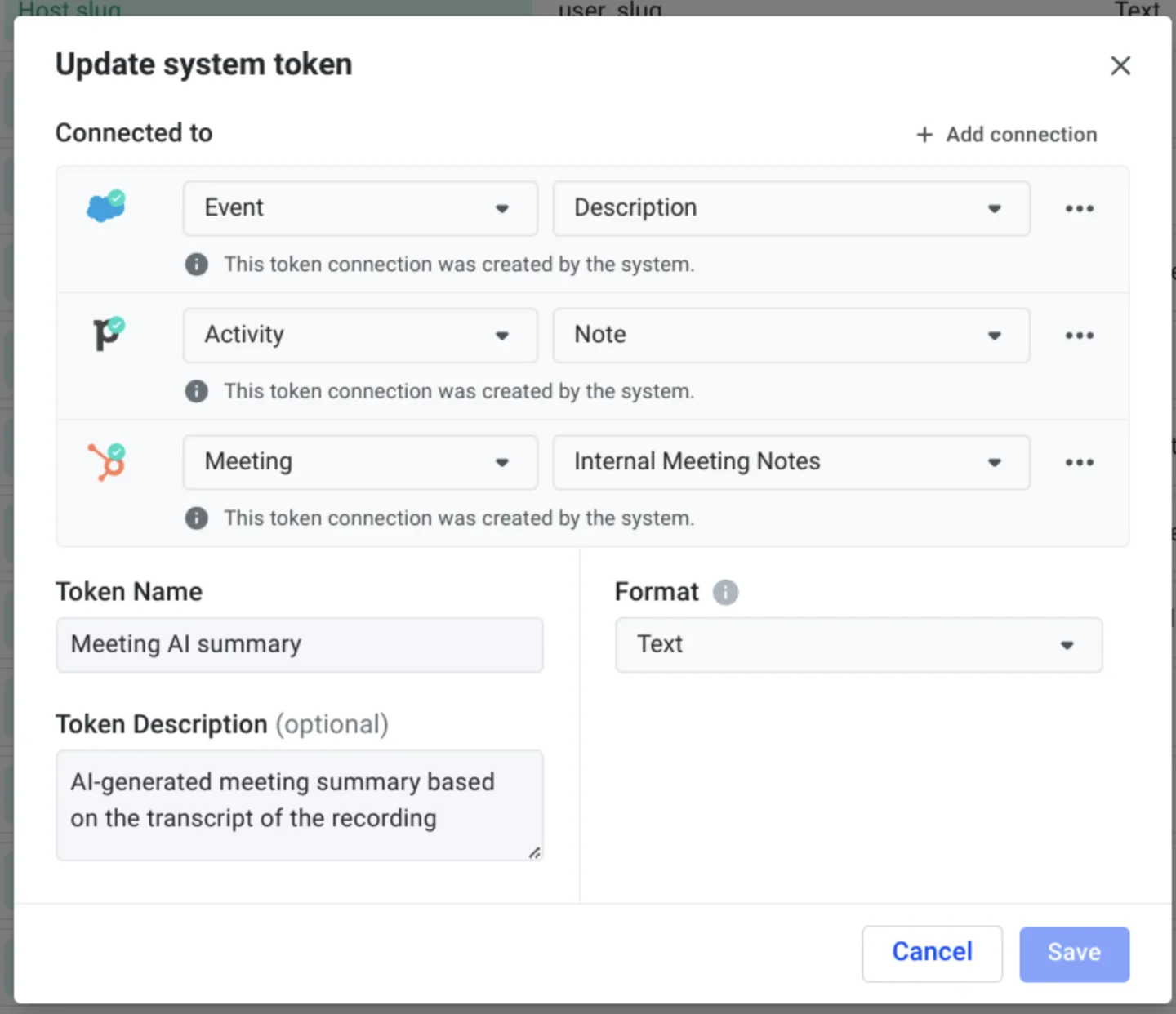 Update system token dialog mapping the Meeting AI summary token to fields in three connected CRMs