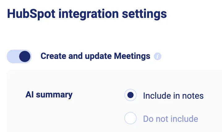 HubSpot integration settings with AI summary set to Include in notes