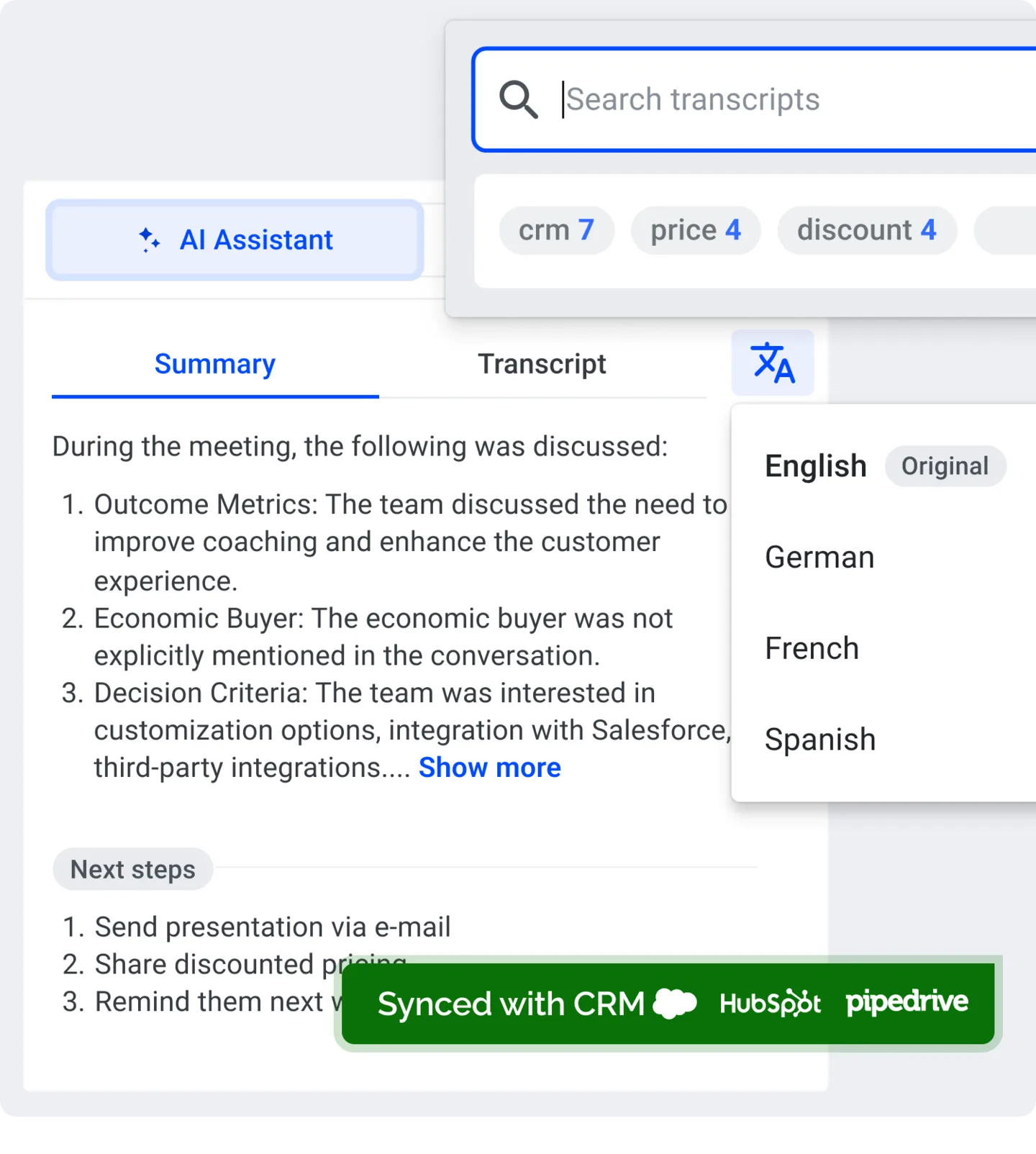 Transcript search with keyword tags, a translation language picker, and a Synced with CRM banner
