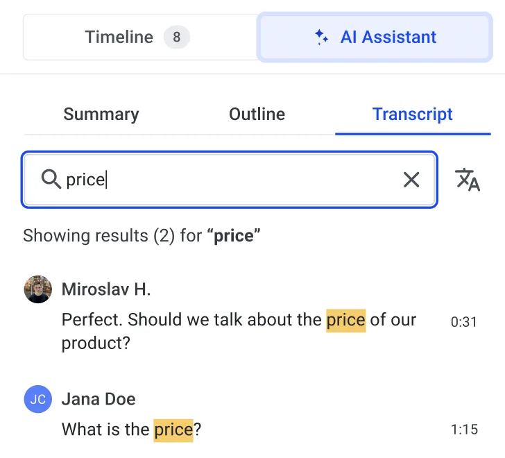Transcript search for price showing two highlighted matches with speaker names and timestamps