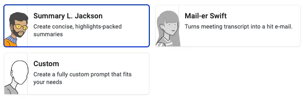Persona picker showing Summary L. Jackson selected alongside Mail-er Swift and Custom options