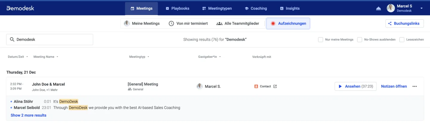 Recordings search for Demodesk showing 76 results with the keyword highlighted in transcript snippets