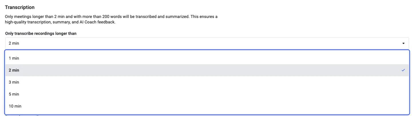 Transcription duration setting dropdown open with 2 minutes selected among 1 to 10 minute options