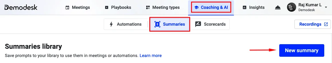 Summaries library page under Coaching and AI, with the New summary button highlighted