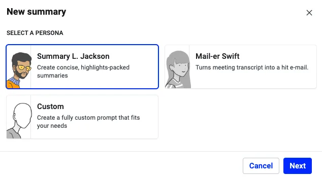 New summary dialog with the Summary L. Jackson persona selected and a Next button to continue