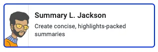 Summary L. Jackson persona card describing concise, highlights-packed summaries