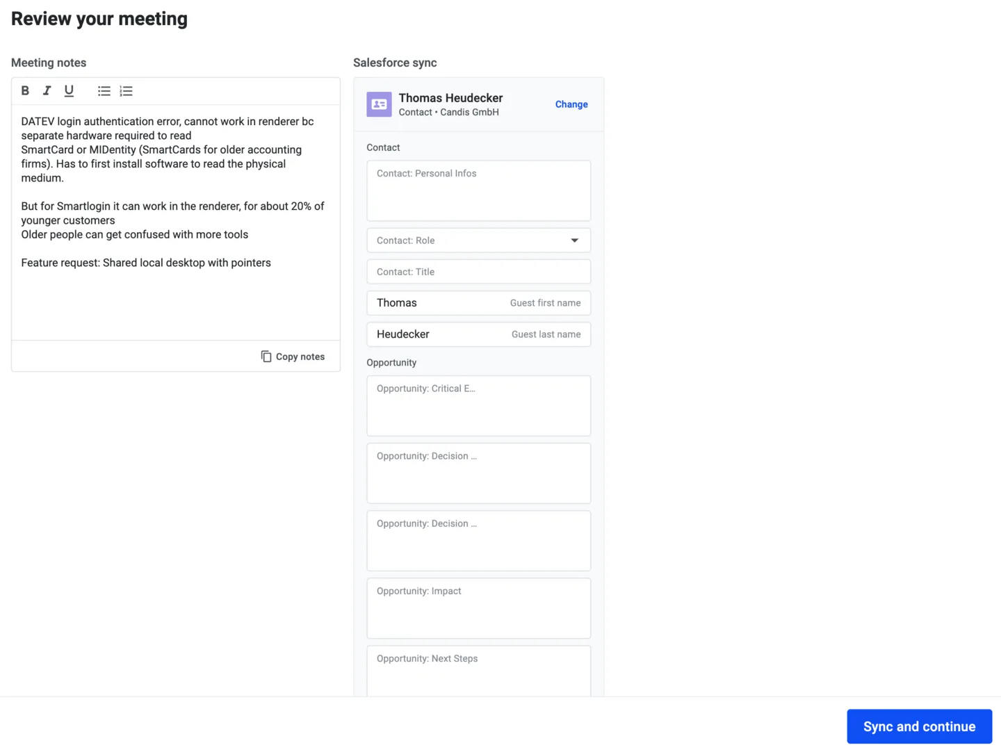 Meeting review page with a Salesforce sync panel listing contact and opportunity fields to sync