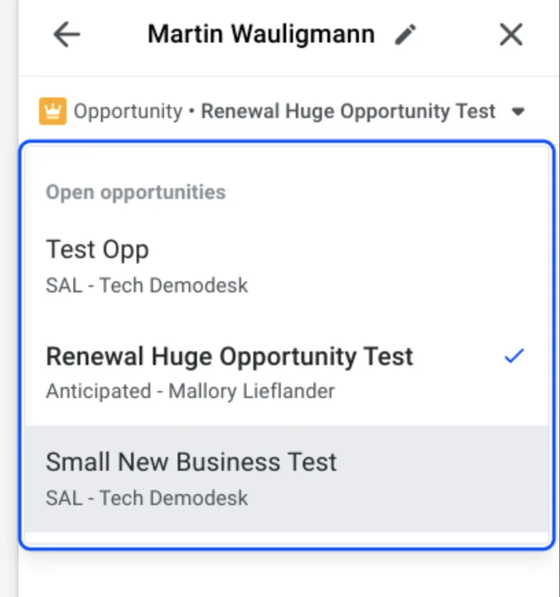 Opportunity dropdown listing open Salesforce opportunities, with one selected