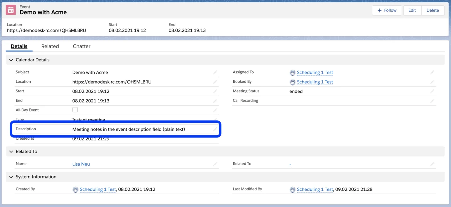 Salesforce event record with the plain-text meeting notes highlighted in the Description field