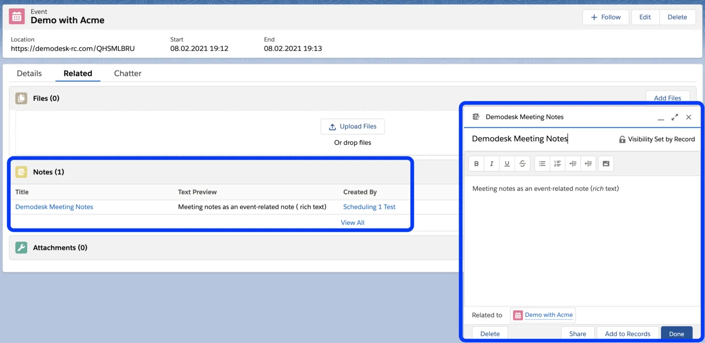 Salesforce event's Related tab showing the rich-text Demodesk Meeting Notes note