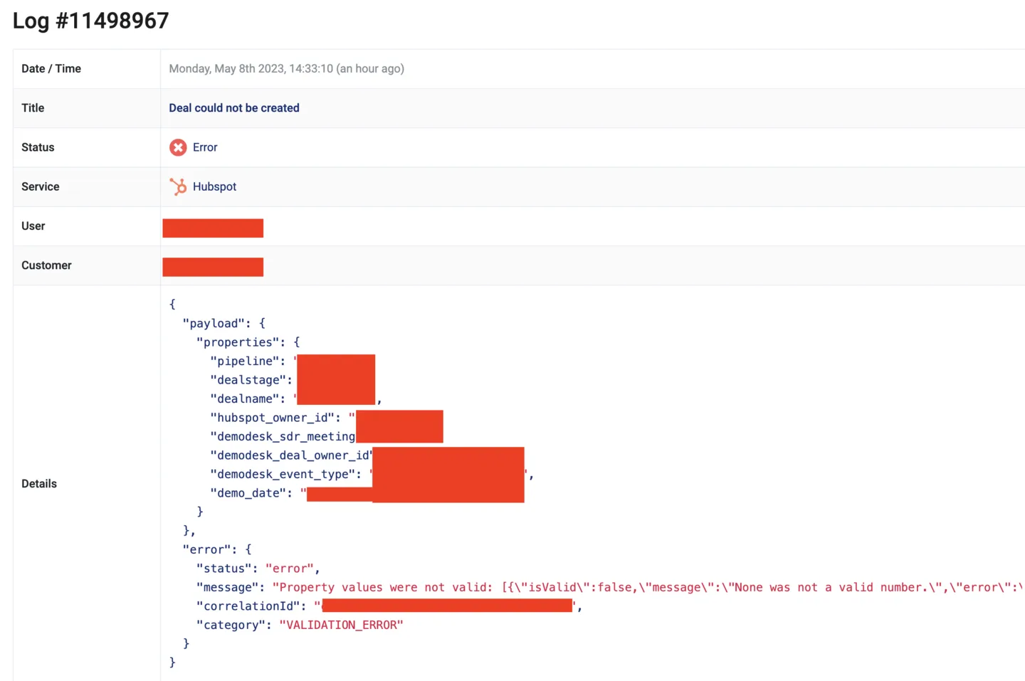 HubSpot sync error log for a deal that could not be created, showing the JSON error details