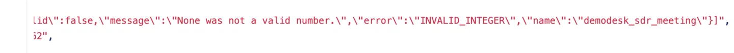 Close-up of the error log showing an INVALIDINTEGER message for a meeting field