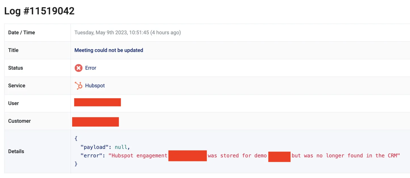 HubSpot sync error log showing a meeting update failure because the engagement was not found