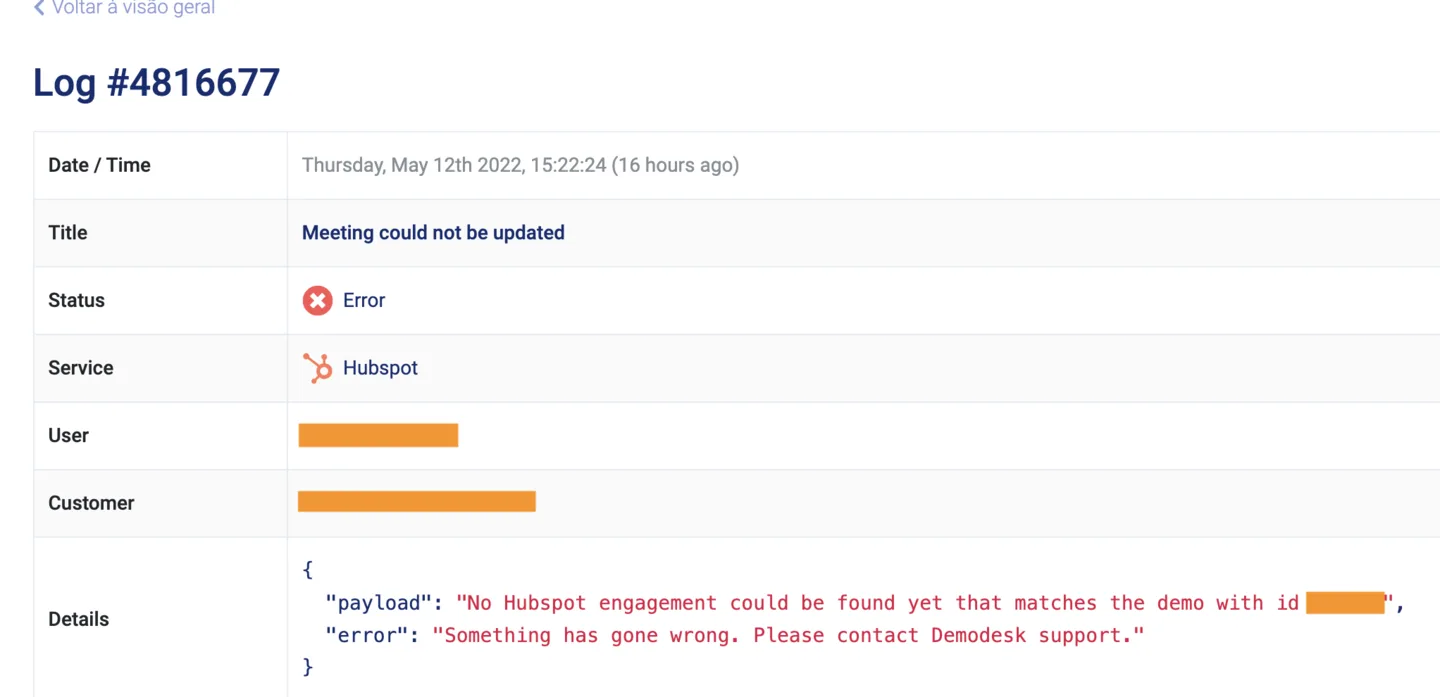 Sync error log for a meeting update showing no matching HubSpot engagement was found yet