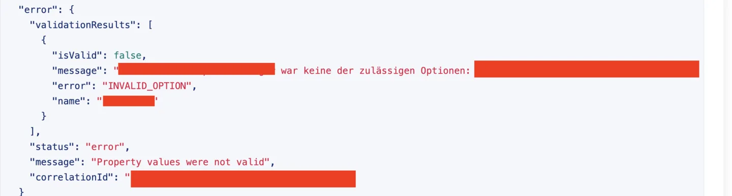 Close-up of a validation error listing an INVALIDOPTION message for an unaccepted token value
