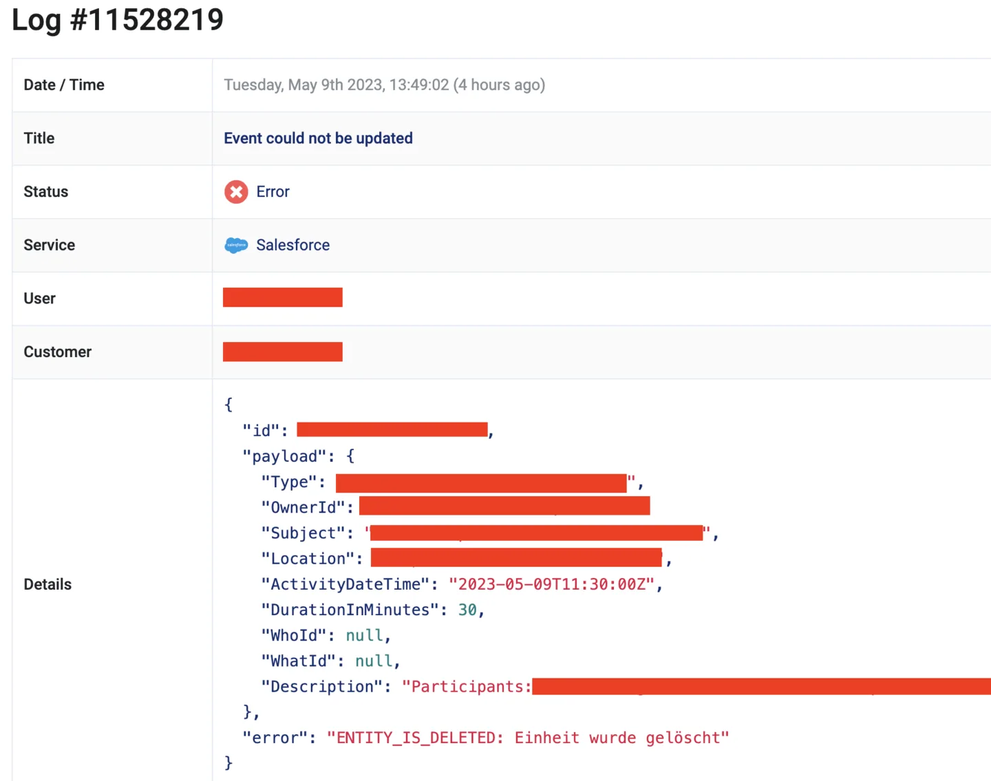 Salesforce sync error log showing an ENTITYISDELETED error for an event update