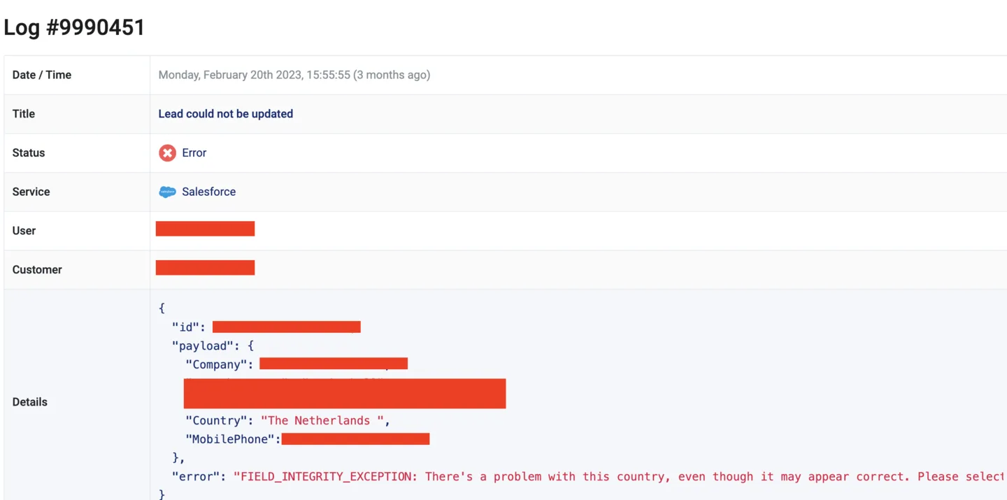 Salesforce sync error log for a lead update showing a FIELDINTEGRITYEXCEPTION on the country