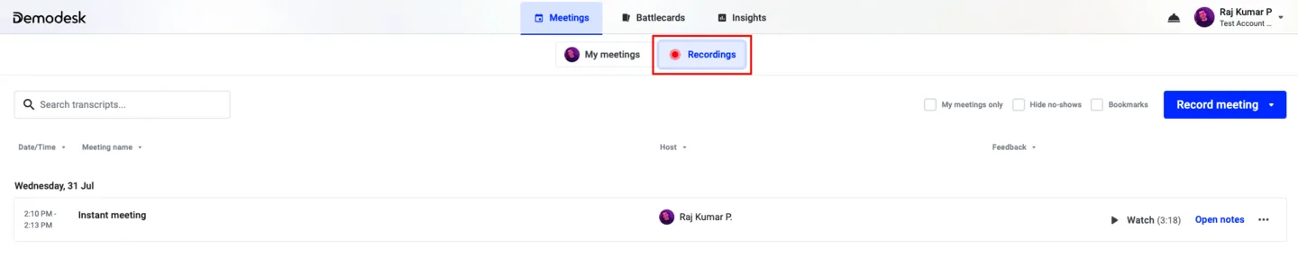 Meetings page with the Recordings tab highlighted above a list of recorded meetings