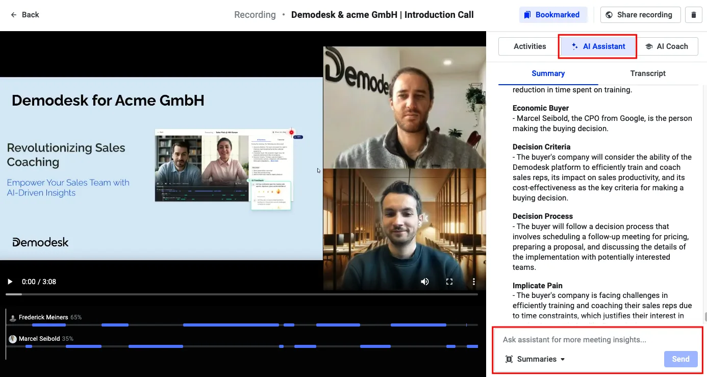 Recording page with the AI Assistant tab and the chat input box highlighted