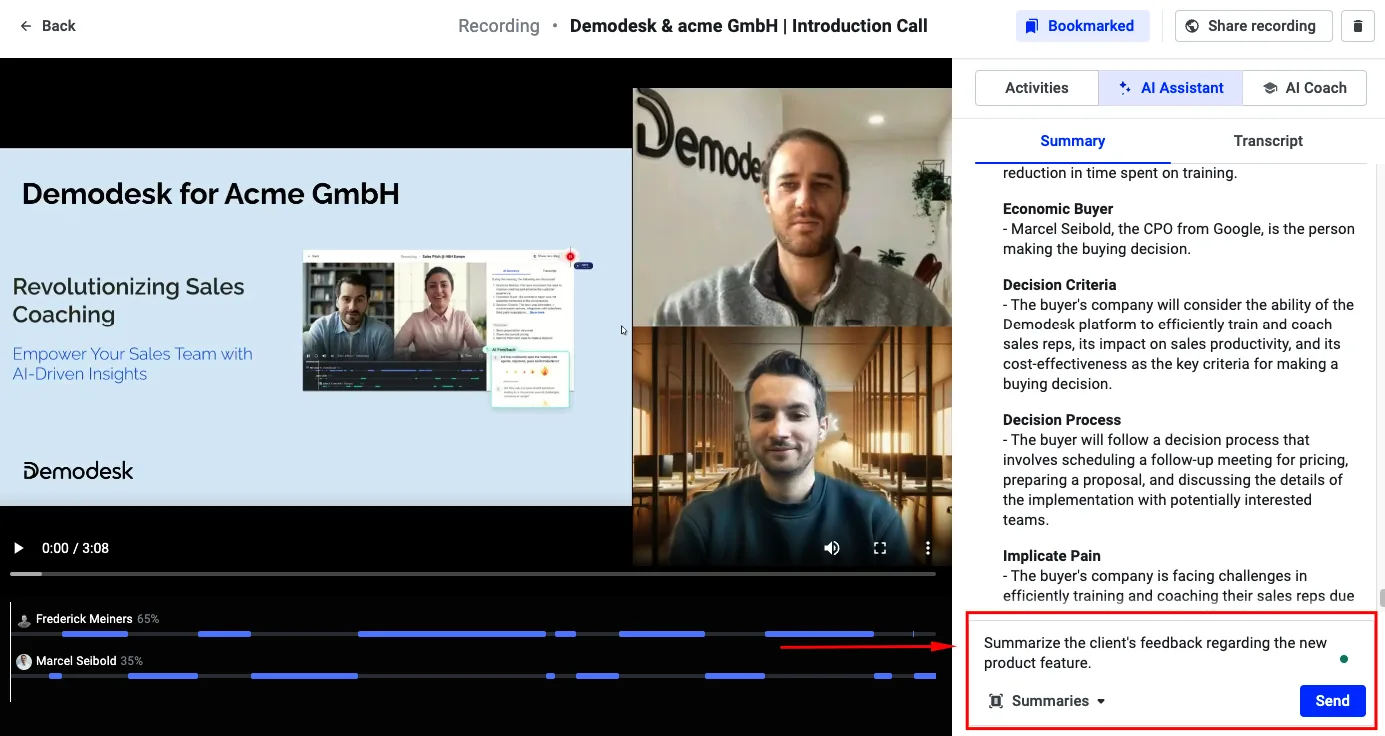 AI Assistant chat box with an example prompt asking to summarize client feedback