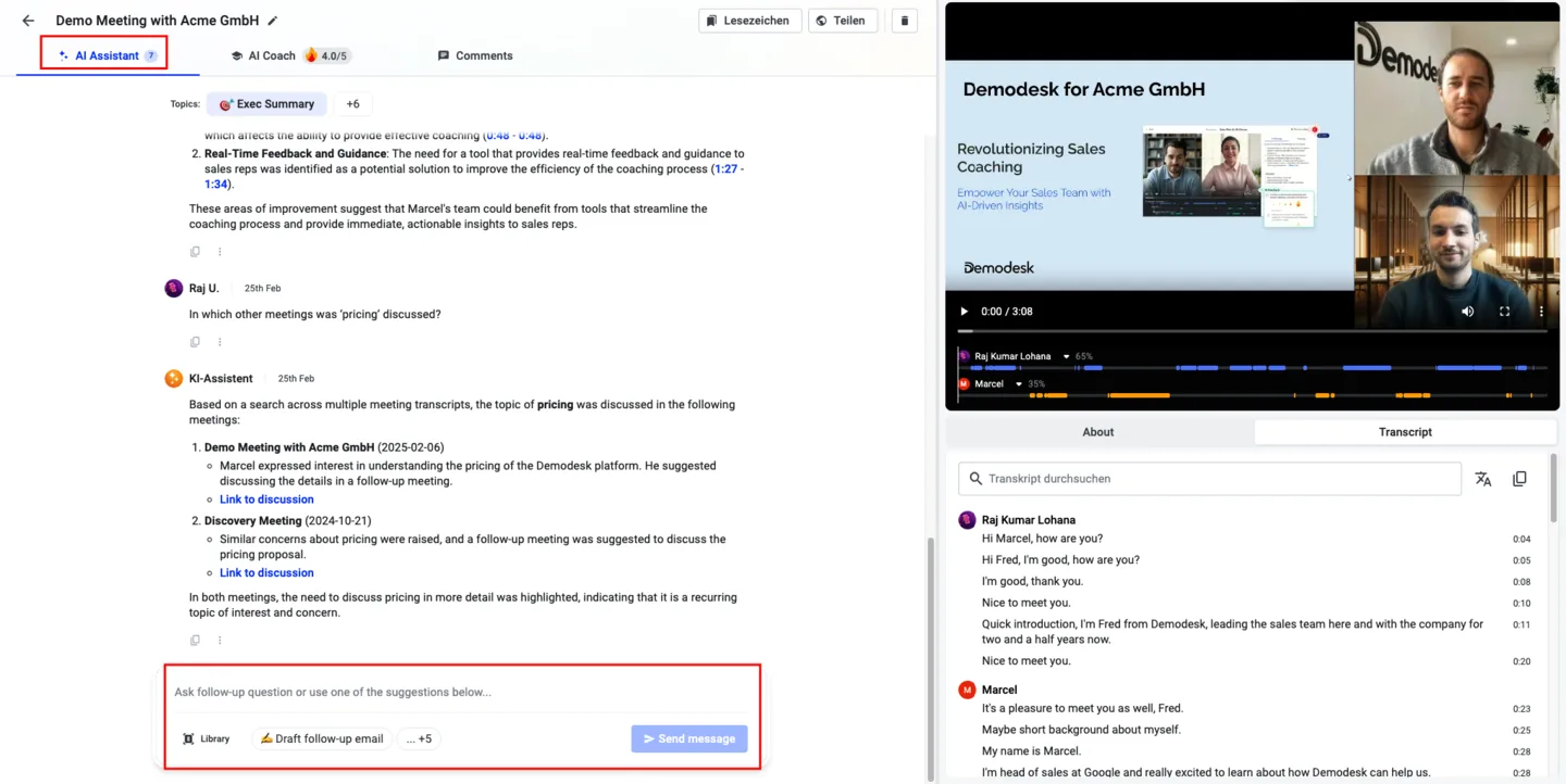 KI-Assistent-Ansicht einer Aufzeichnung mit Transkript und hervorgehobenem Eingabefeld für Folgefragen