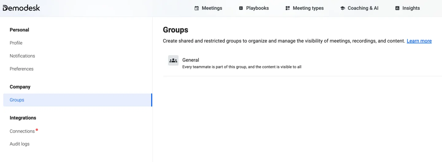 Settings sidebar for a Manager role, showing only Groups under Company with no Billing or Teammates access