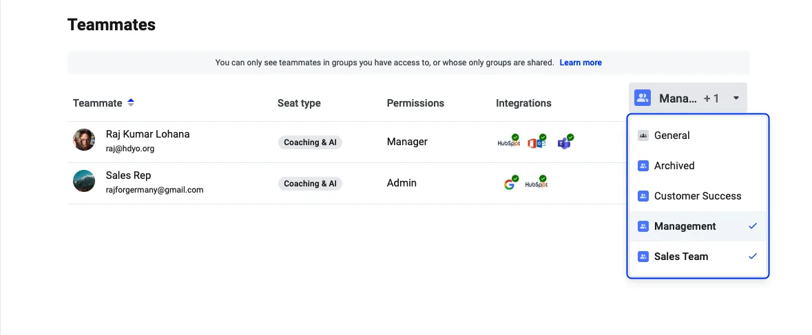 Teammates page with the groups filter dropdown open, showing which groups are selected