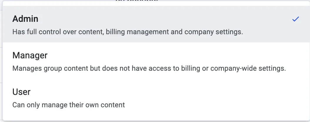 Role selection dropdown listing Admin, Manager, and User permission levels with descriptions