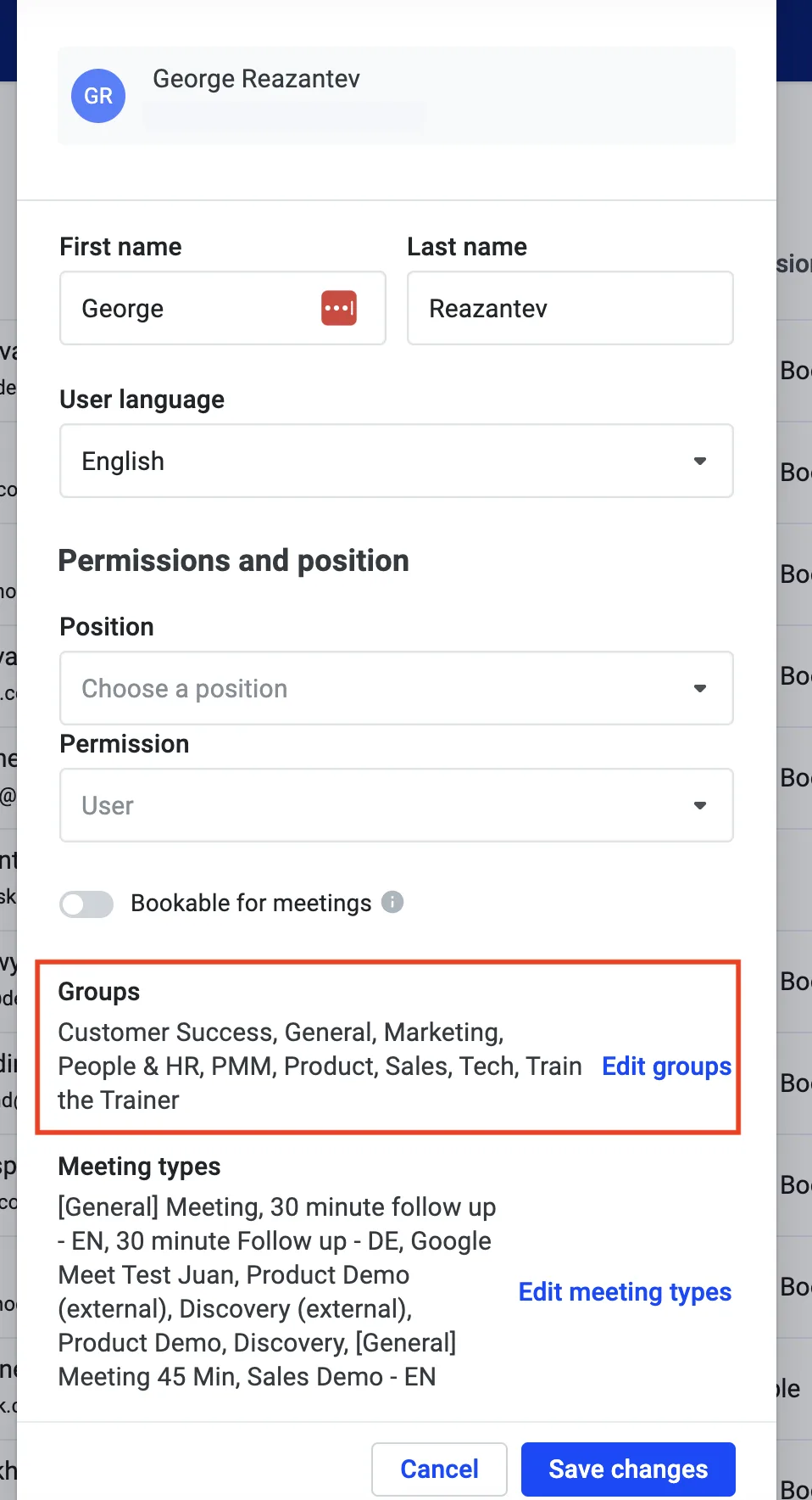 Edit teammate dialog with the Groups field highlighted, listing the groups assigned to the user
